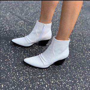 White Snakeskin Low Heel Pointed Toe Booties